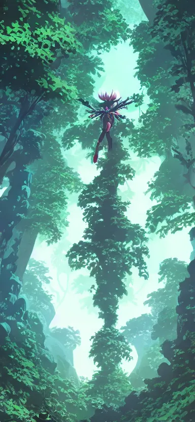 Prompt: giant humanoid plant mech, coming through treetops, forest, key art, sharp lines, towering above a small person, aesthetic, anime, trigger, shigeto koyama, hiroyuki imaishi