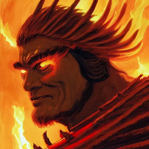 Image similar to head and shoulders portrait of a samurai fire giant, wreathed in flame, d & d, fantasy, greg rutkowski, frank frazetta, alexandre chaudret, boris vallejo, michael whelan, miro petrov, hr giger, magali villeneuve, donato giancola