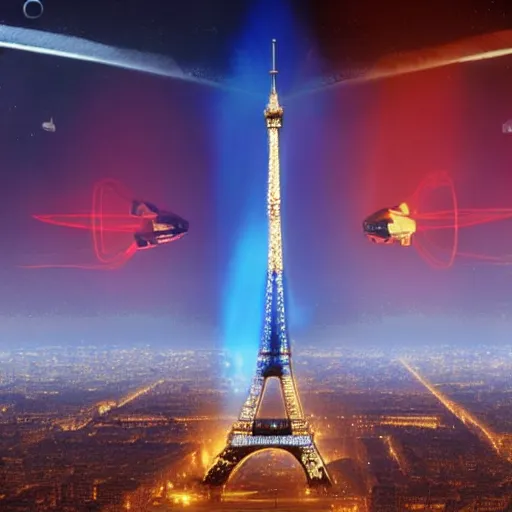 Prompt: Paris the French capital in 2050, attacked by a pyramid-shaped spaceship that shoots red lasers, multiple details, realistic, brilliant color, modern sci-fi movie style