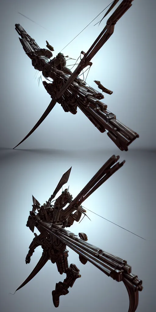 Image similar to a beautiful delicate huge mega bow and arrow weapon, solid background, electron flow, android, mechanical, metal, weapon design, fine texture structure, hyper detailed, perfect shadows, atmospheric lighting, 3 d render, in the style of pascal blanche and sparth juan zigor samaniego, paul pepera pablo roldan, displayed in the exhibition hall, 4 k hd