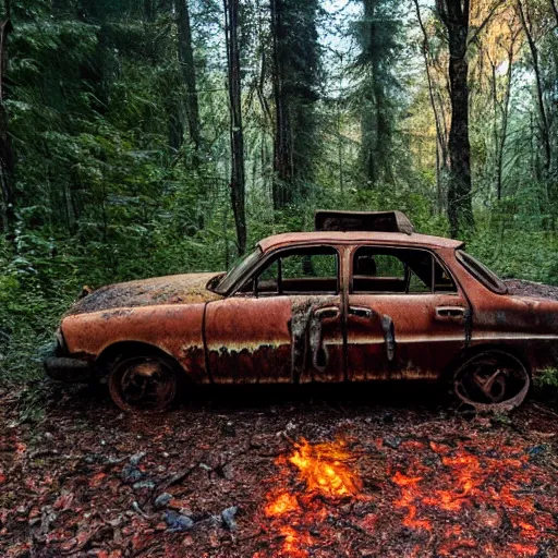 Prompt: a rusted old abandoned car in an eerie forest, sunlight seeping in through the trees, red mushrooms sprouting from the ground all around the car, a campfire to the side of the car, still smoldering