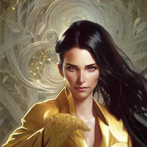 Image similar to Sandman with a gold suit, portrait, intricate, elegant, highly detailed, digital painting, artstation, concept art, smooth, sharp focus, illustration, art by artgerm and greg rutkowski and alphonse mucha