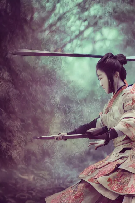 Image similar to highly detailed beautiful photo of a young female samurai, practising sword stances in a temple, symmetrical face, beautiful eyes, realistic anime art style, 8 k, award winning photo, pastels, action photography, 1 / 1 2 5 shutter speed, dramatic lighting