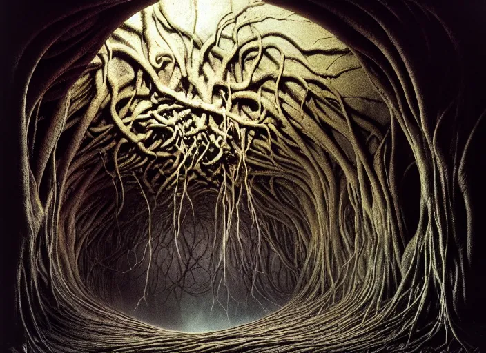 Image similar to photo of roots growing down from a ceiling in an underground cavern wrapped around an eyeball. Fantasy magic horror style. Highly detailed 8k. Intricate. Nikon d850 55mm. Award winning photography. Hr giger. Zdzislaw beksinski