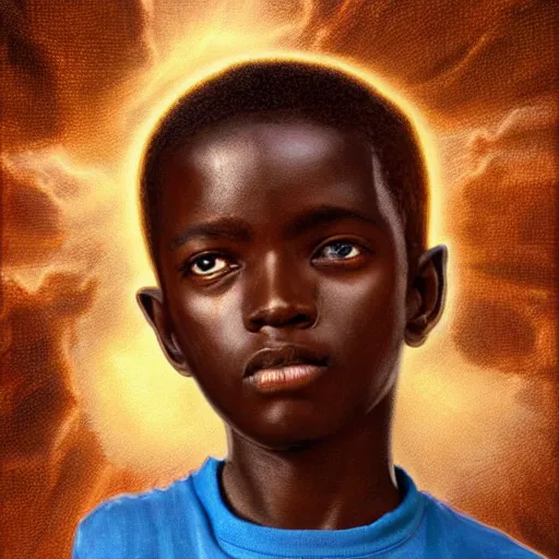 Prompt: upper half portrait of an african boy inside a group of clouds - surrounded by bolts of lightning with rays of light emanating from clouds - in drew struzan movie poster style, art by drew struzan, highly detailed, digital painting, ray tracing, illustration, smooth, sharp focus, intricate, symmetry, artstation,