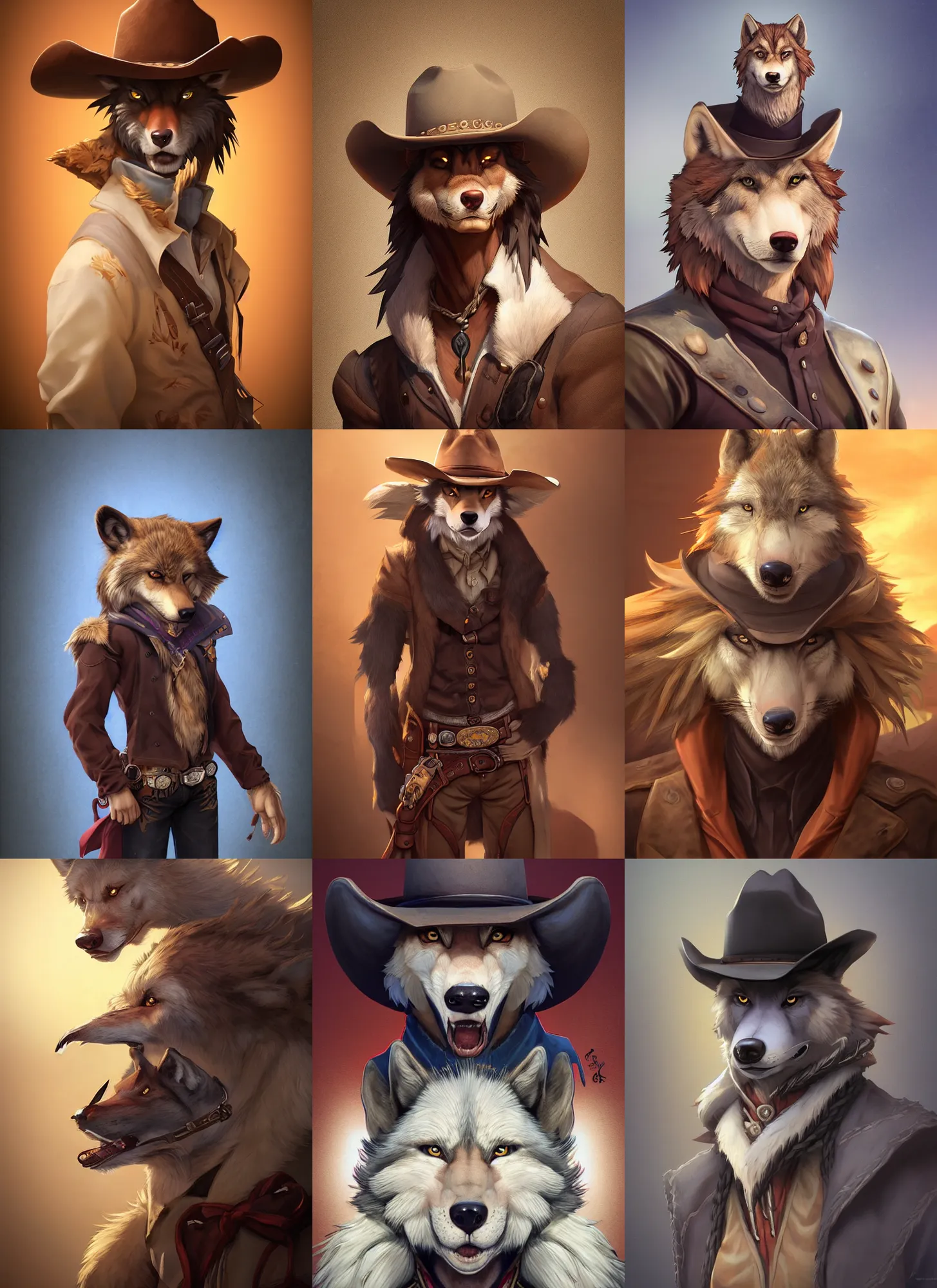 Prompt: character portrait icon of the anthro anthropomorphic of the male anthropomorphic wolf fursona wearing cowboy outfit wild west character design by charlie bowater, ross tran, artgerm, and makoto shinkai, detailed, soft lighting, rendered in octane