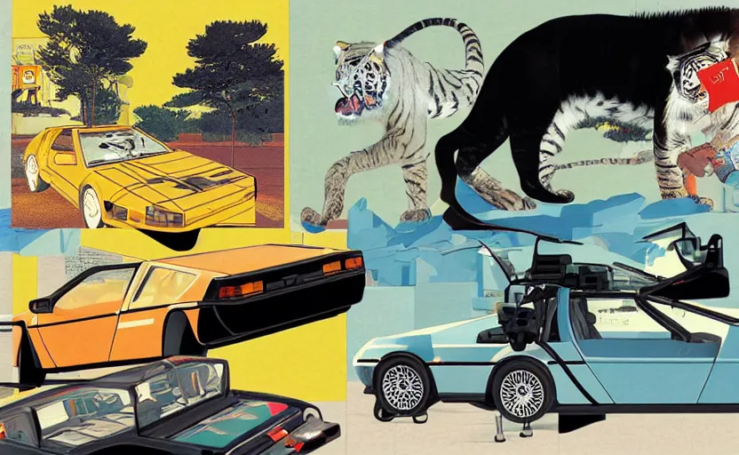 Prompt: a delorean and a tiger, colourful magazine collage, art by hsiao - ron cheng and utagawa kunisada