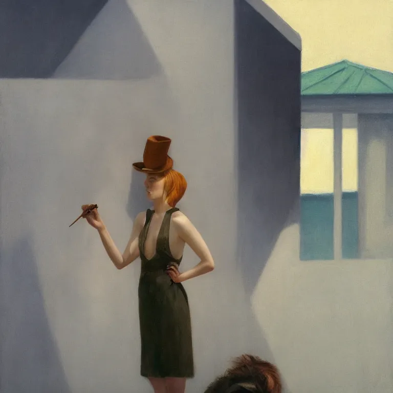 Image similar to portrait of Evan Rachel Wood on a roof, fog, early morning, , painted by Edward Hopper, painted by Wayne Barlow, airbrush