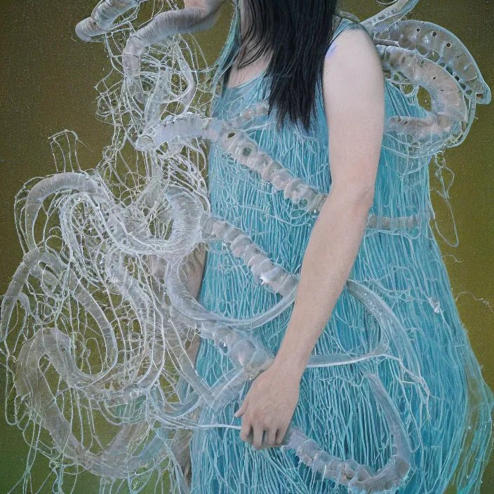 Image similar to a closeup portrait of a woman wearing a dress made of jelly fish and eels, standing in an empty park, color photograph, by vincent desiderio, canon eos c 3 0 0, ƒ 1. 8, 3 5 mm, 8 k, medium - format print