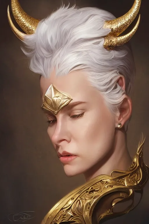 Image similar to fullbody!! beautiful woman with white hair, big natural horns on her head, gold jewellery, dnd, face, fantasy, intricate, elegant, highly detailed, digital painting, artstation, concept art, smooth, sharp focus, illustration, art by artgerm and greg rutkowski and alphonse mucha