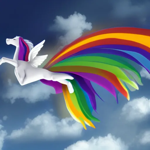 Image similar to Photograph of a Alicorn flying in the sky, blue eyes, white body, rainbow wings, rainbow horn, trending on artstation, ultrarealistic, 8k