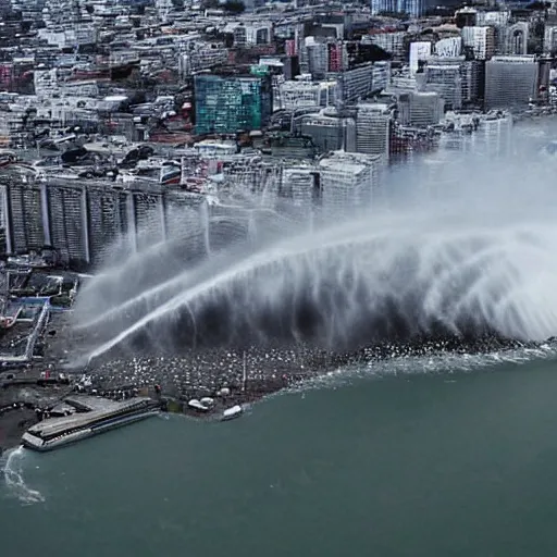 Prompt: ! stunning photo gigantic tsunami landing on city above buildings