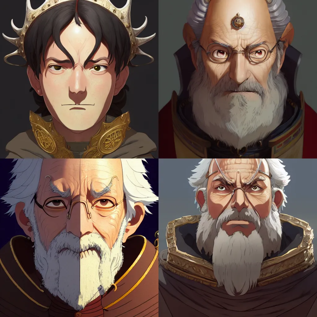 Prompt: portrait of a medieval old king, artstation, cartoon, highly detailed digital painting, clean outstanding art by ghibli!, makoto shinkai!, bluth!, fujita goro!, giraud!, ghailan!, akihiko yoshida! 8 k