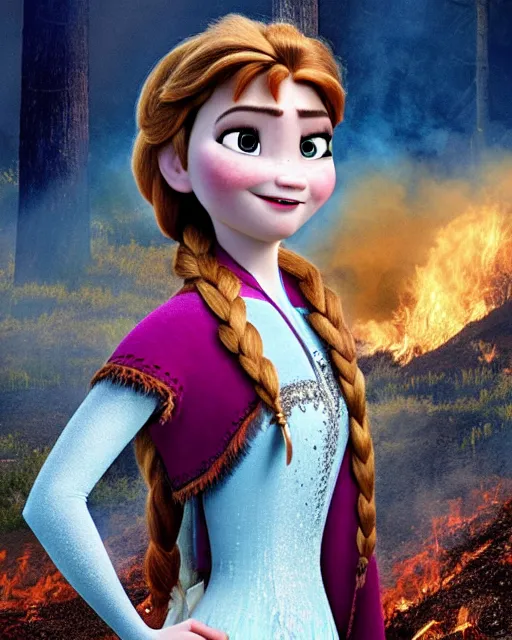 Prompt: a movie poster with anna from frozen, smoking with a cigarette, in front of the ashes of a wildfire.