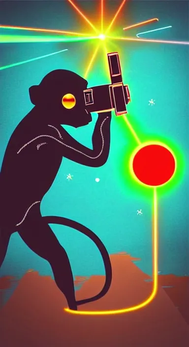 Image similar to “ small monkey with laser gun in large empty space, digital art, super aesthetic, art station children drawing style, award winning ”