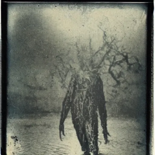 Image similar to creepy lovecraftian monster in swamp, 1 9 1 0 polaroid photo