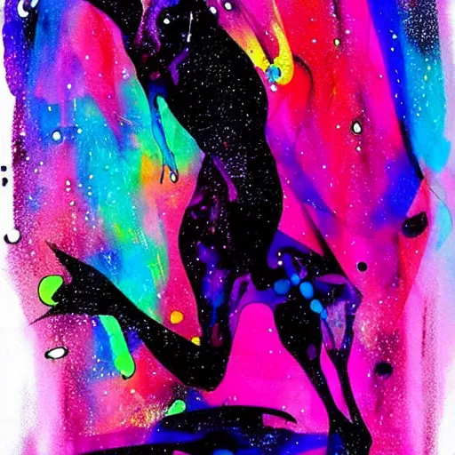 Image similar to abstract ink and acrylic painting, ink drawing shape of a dynamic dancing beautiful woman black silhouette!, pouring, sprays, nebulae colors, black dark blue purple and pink color scheme, curves, starfield, artstation, pinterest, more chaotic spread shapes