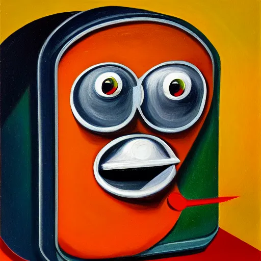 Image similar to a tin can character with a face and arms, opening its mouth, surrealist oil painting