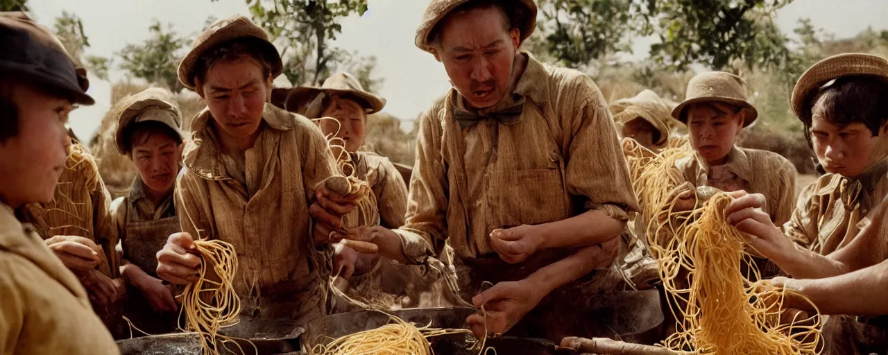 Image similar to harvesting spaghetti during the gold rush, hyper - realistic faces, intricate, sigma 5 0 mm, cinematic lighting, photography, wes anderson, film, kodachrome