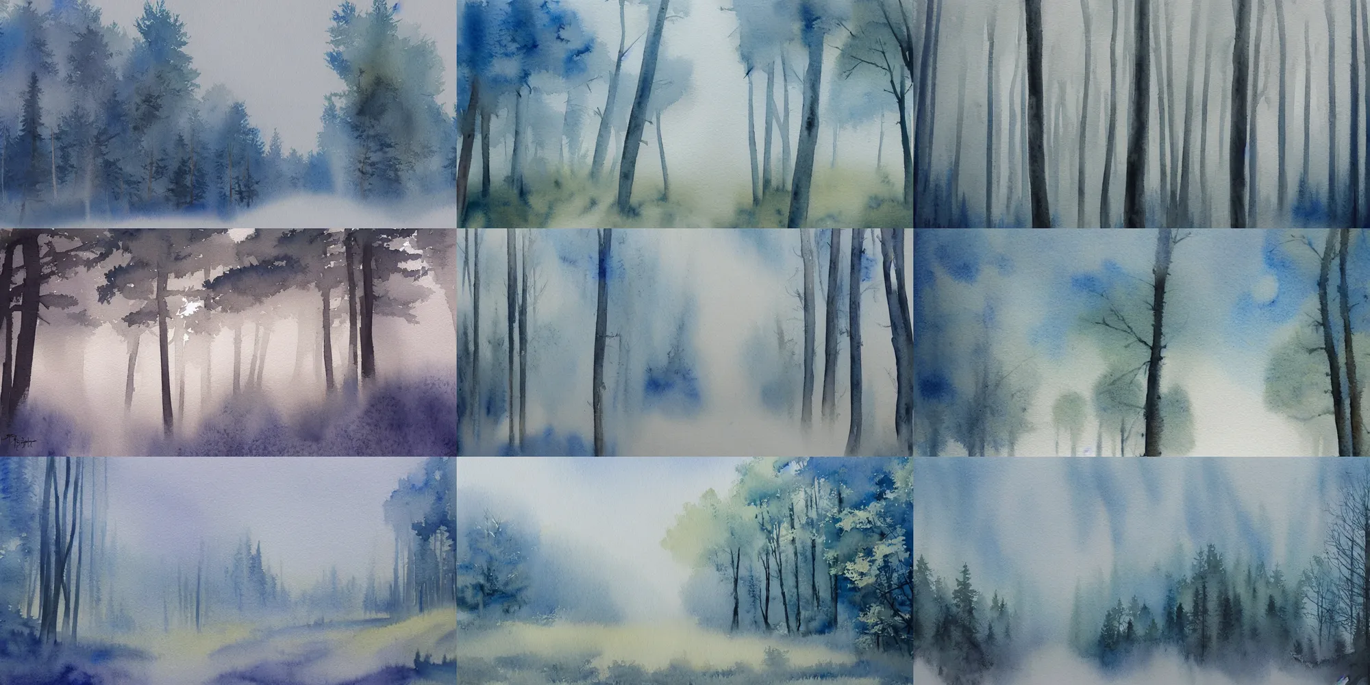 Prompt: modern highly detailed watercolor painting sunny white sky and blueish landscape misty forest trending on artstation