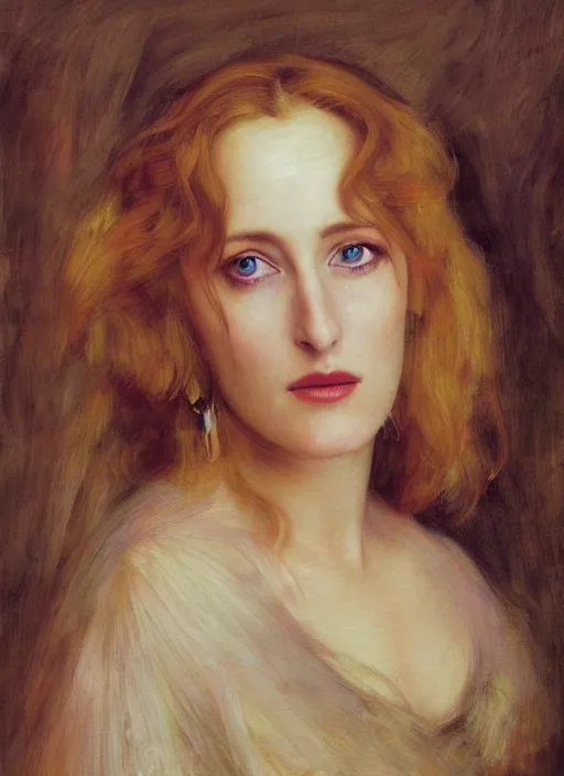 Image similar to a beautiful painting of young gillian anderson by juan luna, pre-raphaelite, detailed, trending on artstation, hd, masterpiece