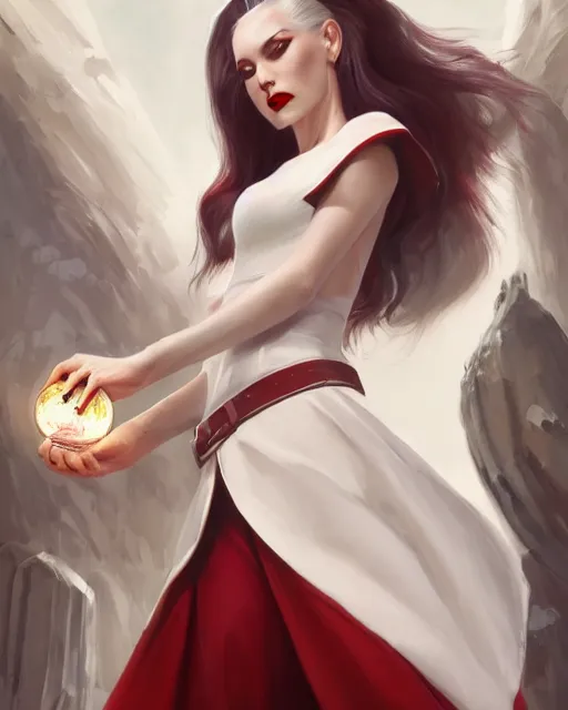 Prompt: tall girl, white hair, white dress, red lips, red belt, long hair, deep focus, d & d, fantasy, sophisticated, elegant, high detail, digital painting, artstation, concept art, matte, clear focus, illustration, hearthstone, art by artgerm and greg rutkowski, fuji choco, victoria gavrilenko and hoang lep