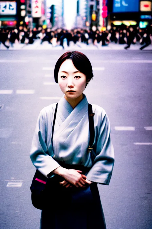 Prompt: street photography portrait of a beautiful japanese woman standing at shibuya crossing during midday, subtle colors, shot on cinestill 5 0 d film, iso 1 0 0, 5 0 mm lens aperture f / 8, dynamic composition, full frame, full res, sharp focus, hyper realistic