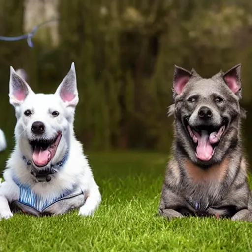 Prompt: Creepy paranormal video of two dogs levitating 30 feet in the air