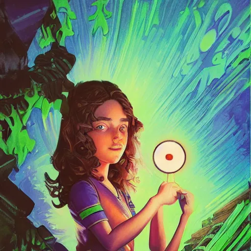 Image similar to a young woman with short wavy brown hair and glowing green eyes as a super hero, pixar cute, highly detailed, sharp focus, neon color, digital painting, artwork by Jeremiah Ketner + Mati Klarwein + Fintan Magee + Chris Mars, background artwork by greg rutkowski