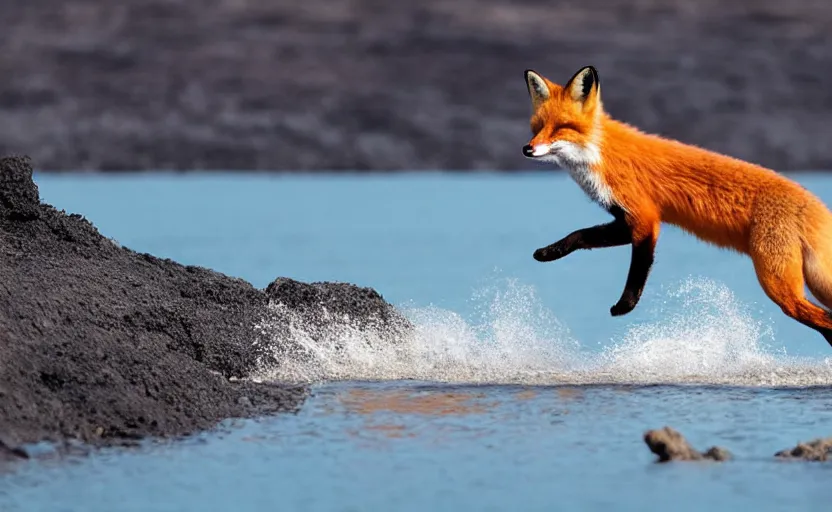 Image similar to A fox jumping over a lake of lava