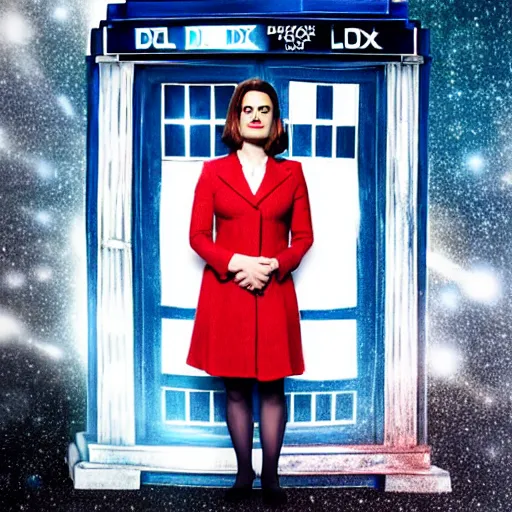 Image similar to a beautiful full body photograph of hayley atwell dressed as the doctor from doctor who standing in front of the tardis, symmetrical face, extreme realism and detail, 8 k, completely framed, direct lighting, 3 5 mm photo, photorealistic, sharp focus