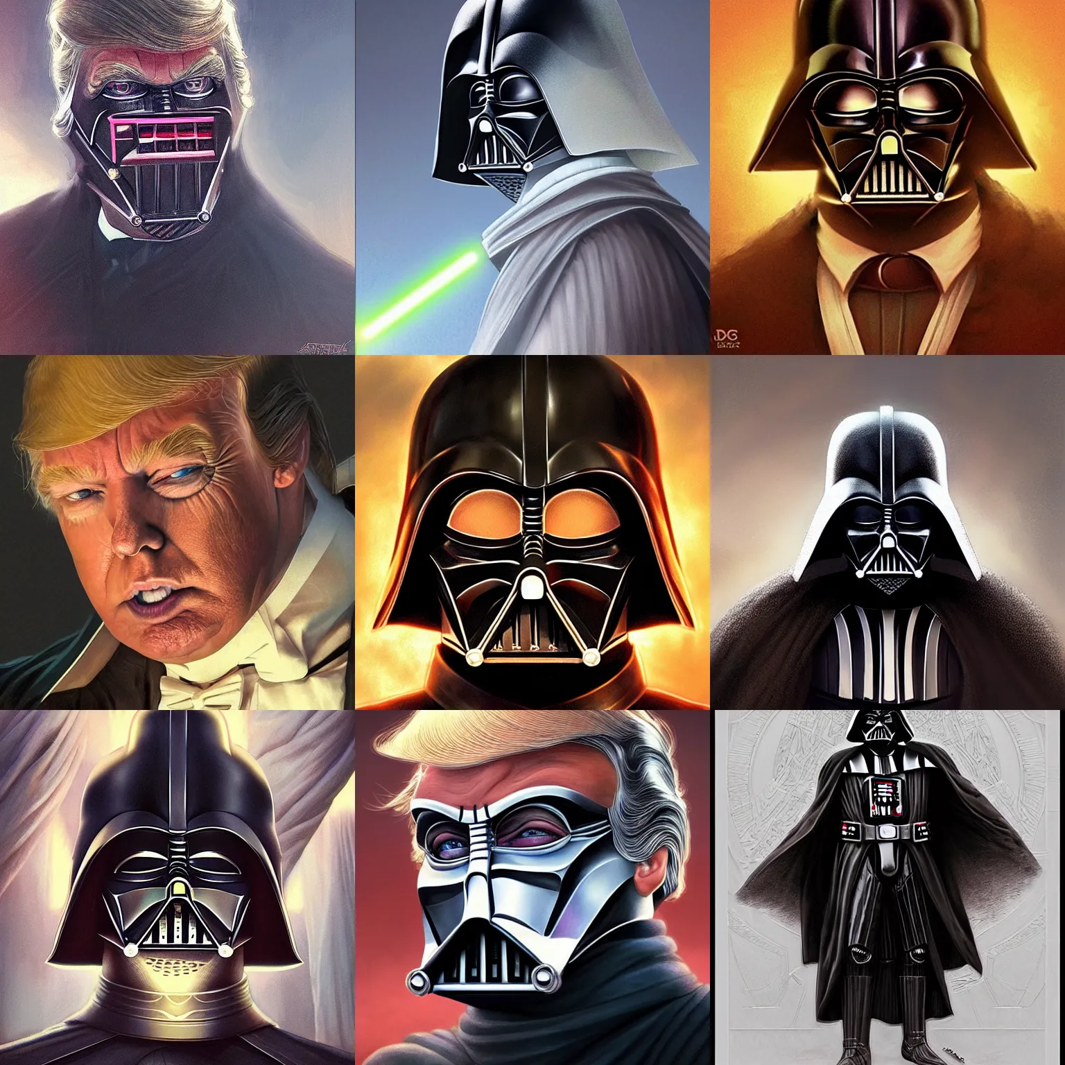 Prompt: darth vader with his mask off. donald trump. closeup, D&D, fantasy, intricate, elegant, highly detailed, digital painting, artstation, concept art, matte, sharp focus, illustration, art by Artgerm and Greg Rutkowski and Alphonse Mucha