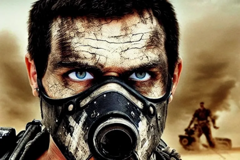 Image similar to half masked white man, short dark hair, from the makers of mad max fury road. witness me.