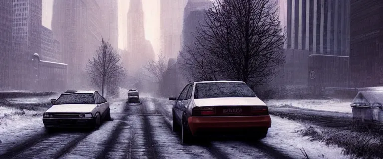 Image similar to Audi A4 B6 Avant (2002), a post apocalyptic, dramatic lighting, cinematic, establishing shot, extremly high detail, photorealistic, cinematic lighting, artstation, style by greg rutkowsky, Max Payne (2001) winter New York landscape