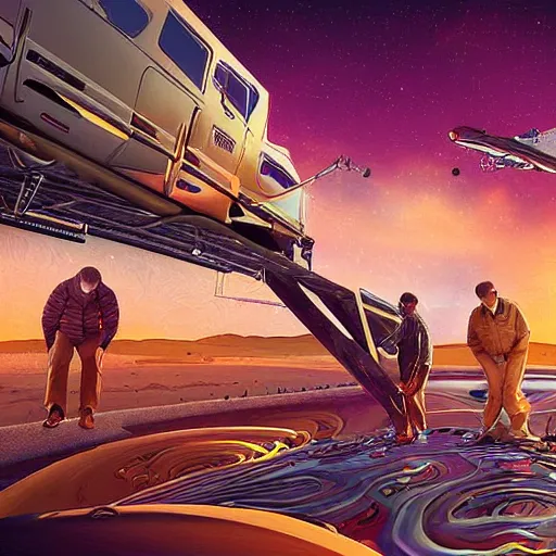 Prompt: the young crew prepare the multiverse hopper van ship for takeoff, digital art, stunning detail