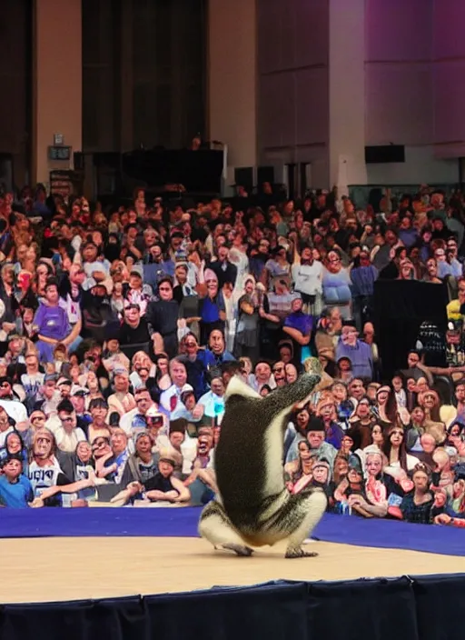 Prompt: a large audience watching a breakdancing badger on stage