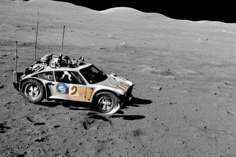 Image similar to vintage photo of a porsche 911 rover on the moon being driven by an astronaut. wide shot. apollo moon landing