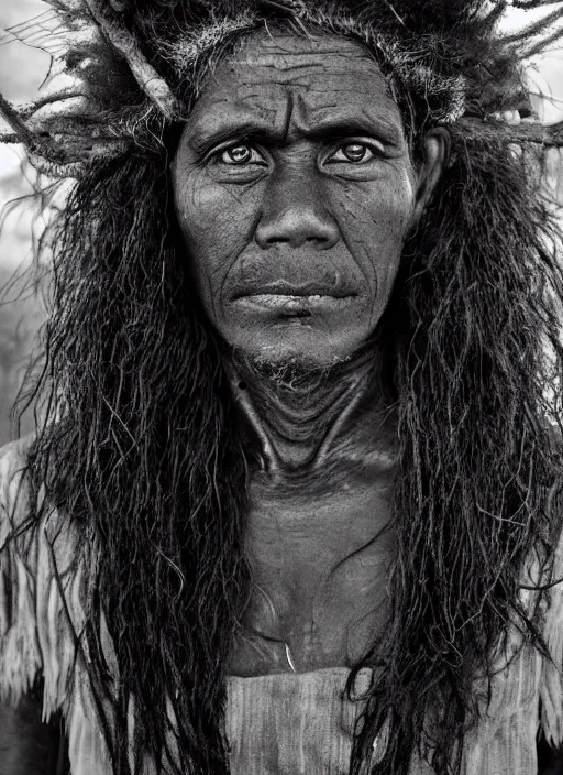 Image similar to Award winning Editorial photo of a Native Nauruans with incredible hair and beautiful hyper-detailed eyes wearing traditional garb by Lee Jeffries, 85mm ND 5, perfect lighting, gelatin silver process