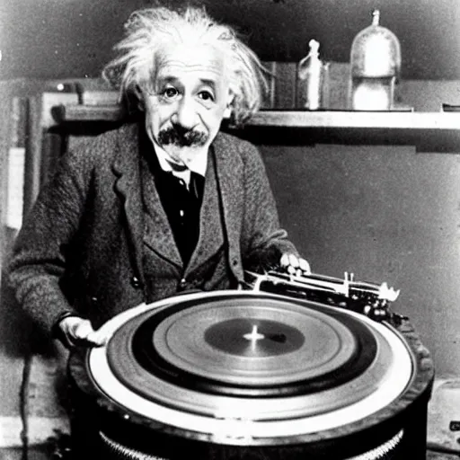 Prompt: photo of Albert Einstein DJing a phonograph, vintage, highly detailed facial features