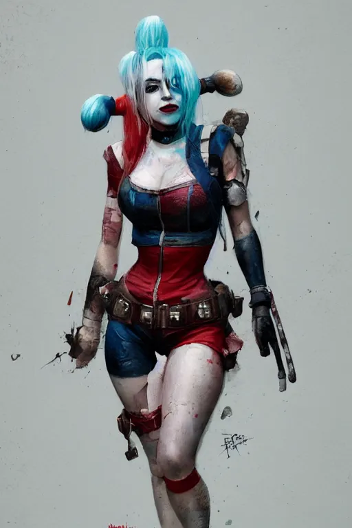 Image similar to a portrait of a very detailed Harley Quinn by Greg Rutkowski, Sung Choi, Mitchell Mohrhauser, Maciej Kuciara, Johnson Ting, Maxim Verehin, Peter Konig, final fantasy , mythical, 8k photorealistic, cinematic lighting, HD, high details, atmospheric,