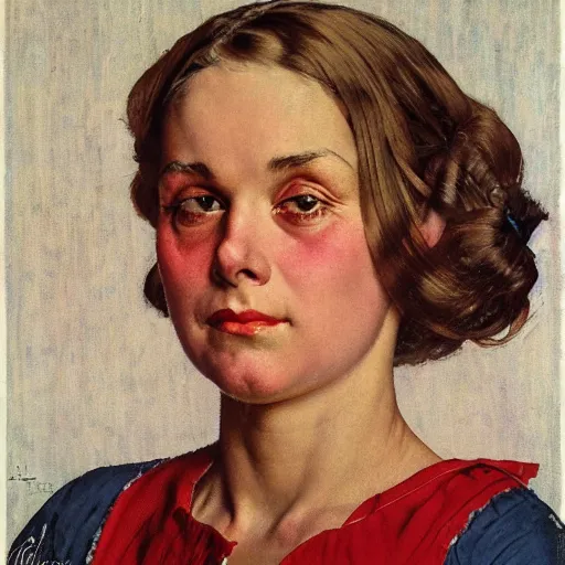 Prompt: Frontal portrait of a woman without distinct pupils: her eyes are entirely white. Painting by Norman Rockwell.