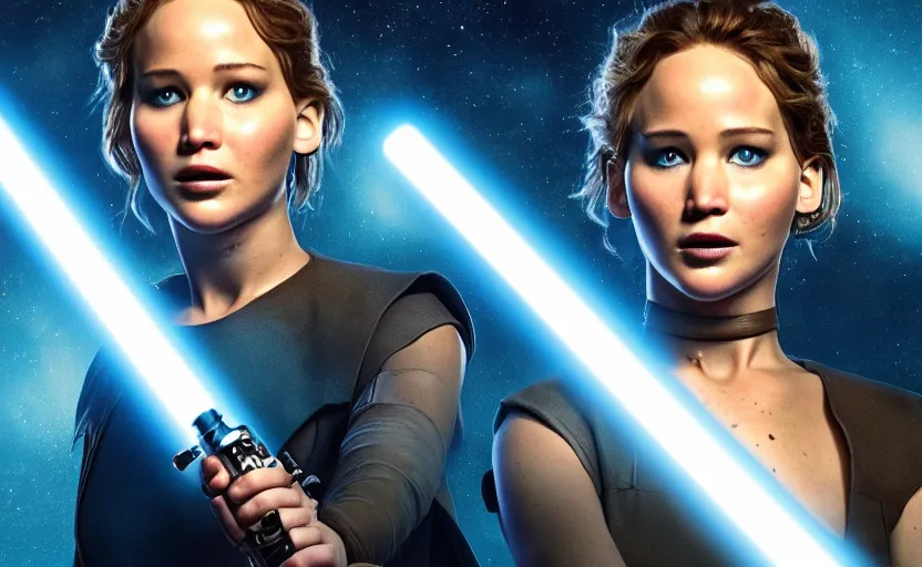 Image similar to jennifer lawrence as a jedi holding up a blue lightsaber, very dark background, official new star wars episode xi movie poster from lucas arts, perfect symmetrical face, full moon, moody lighting, 8 k, shallow depth of field, intricate detail,