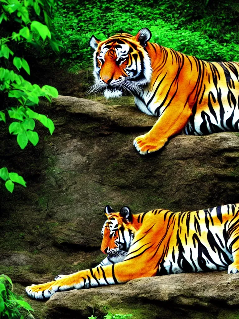Prompt: high resolution 4k Tiger sleeping, jungle, waterfall, vines, river, mist Dark sky