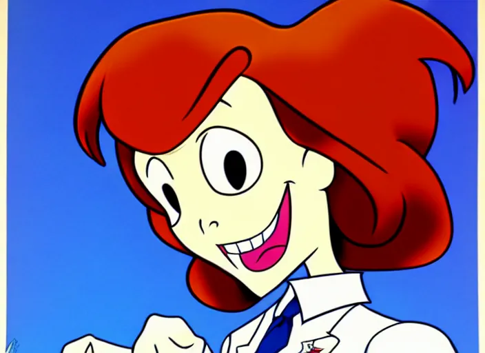 Prompt: dana scully on the real ghostbusters, shaded animation cel, anime, sharp detail, animation cel, thin linework, in the style of don bluth, bruce timm, studio trigger, 5 k, hd