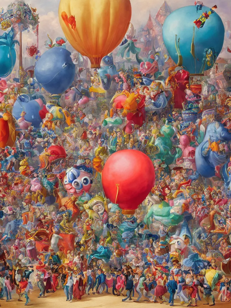 Image similar to a beautiful painting of a carnival with enormous balloon monsters, by jonas burgert, fallas party figures, realistic colors