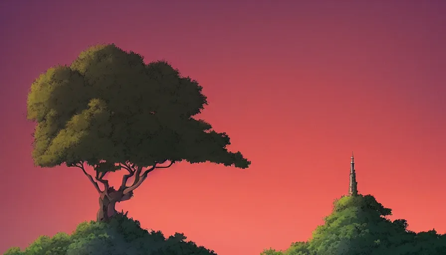 Prompt: a landscape of a single tree with bushes nearby, studio ghibli, castle in the sky, animated, anime, illustrated, vibrant, bypeter chung, 2 0 0 mm telephoto, background on artstation