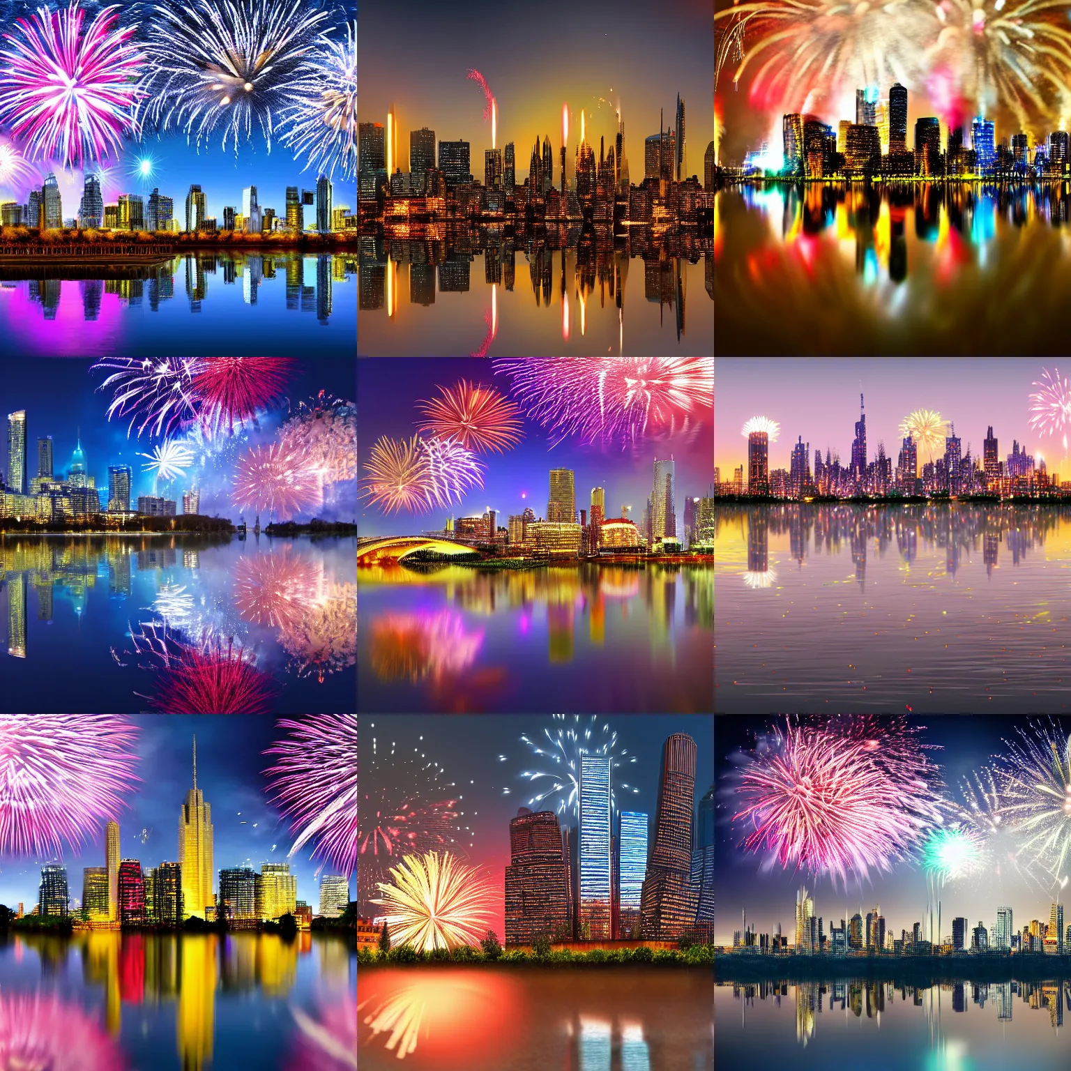 Prompt: amazing bloomy fireworks over a metropolian city skyline with reflections in a city lake, highly detailed, ultrarealistic, 8 k
