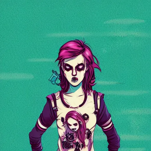 Image similar to Highly detailed portrait of pretty punk zombie young lady with cool hair, freckles and bloodshot eyes by Atey Ghailan, by Loish, by Bryan Lee O'Malley, by Cliff Chiang, inspired by image comics, inspired by graphic novel cover art, inspired by papergirls !! Gradient color scheme ((grafitti tag brick wall background)), trending on artstation