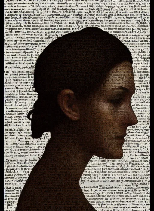 Image similar to a woman's face in profile, made of pages, in the style of the Dutch masters and Gregory Crewdson, dark and moody