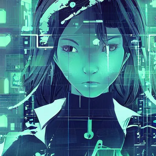 Image similar to Frequency indie album cover, luxury advertisement, green filter, blue and black colors. highly detailed post-cyberpunk sci-fi close-up schoolgirl in asian city in style of cytus and deemo, mysterious vibes, by Ilya Kuvshinov, by Greg Tocchini, nier:automata, set in half-life 2, beautiful with eerie vibes, very inspirational, very stylish, with gradients, surrealistic, dystopia, postapocalyptic vibes, depth of field, mist, rich cinematic atmosphere, perfect digital art, mystical journey in strange world, beautiful dramatic dark moody tones and studio lighting, shadows, bastion game, arthouse